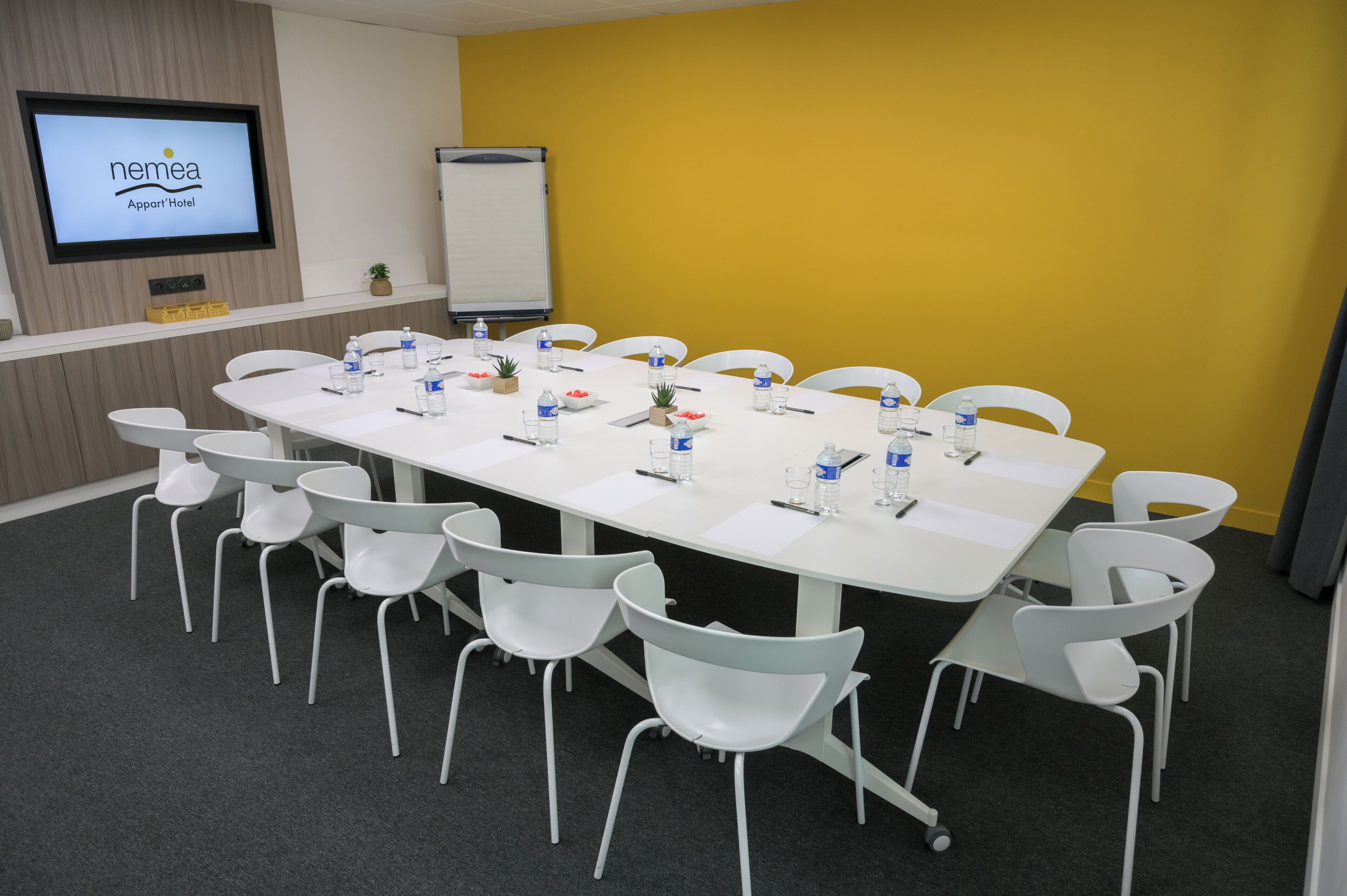 Een vergaderzaal met een lange tafel, witte stoelen, waterflesjes en een presentatiescherm waarop 'nemae' staat.
