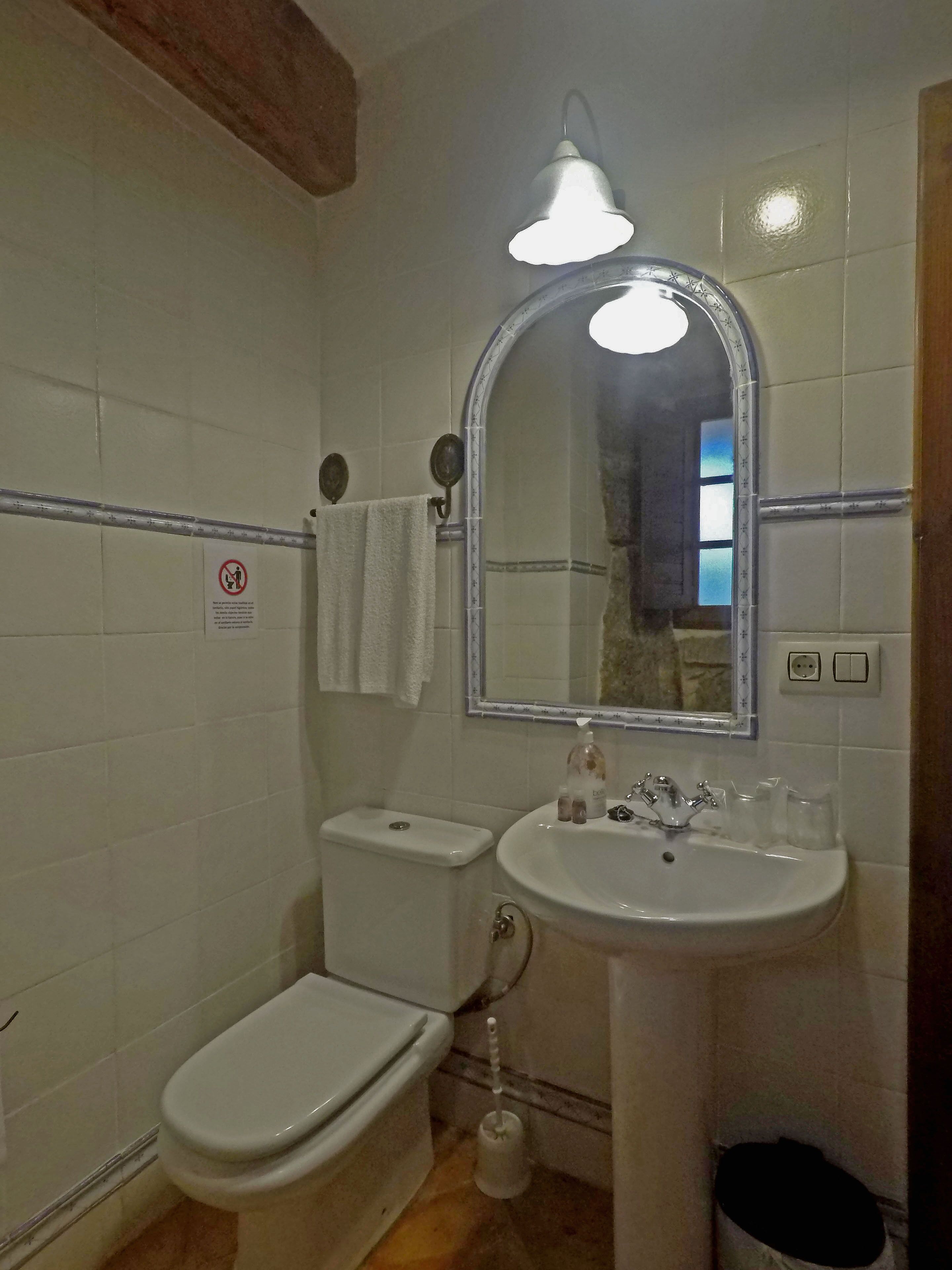 Un baño con inodoro, lavamanos y espejo. Hay una toalla colgada en la pared, un dispensador de jabón y un cubo de basura.