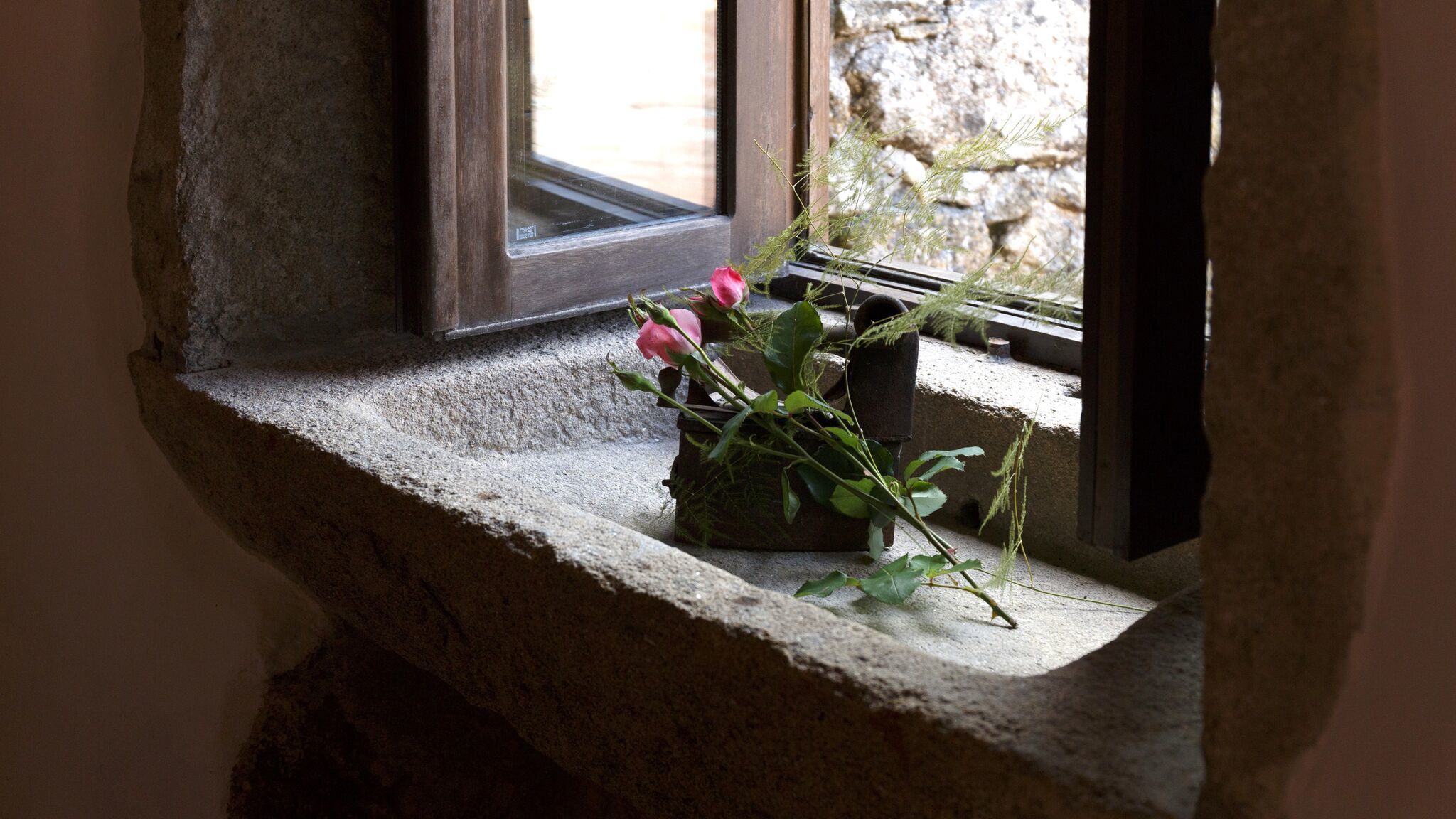 Un saliente de piedra con una ventana, una rosa rosa y una pequeña planta en maceta.
