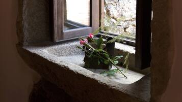 Un saliente de piedra con una ventana, una rosa rosa y una pequeña planta en maceta.