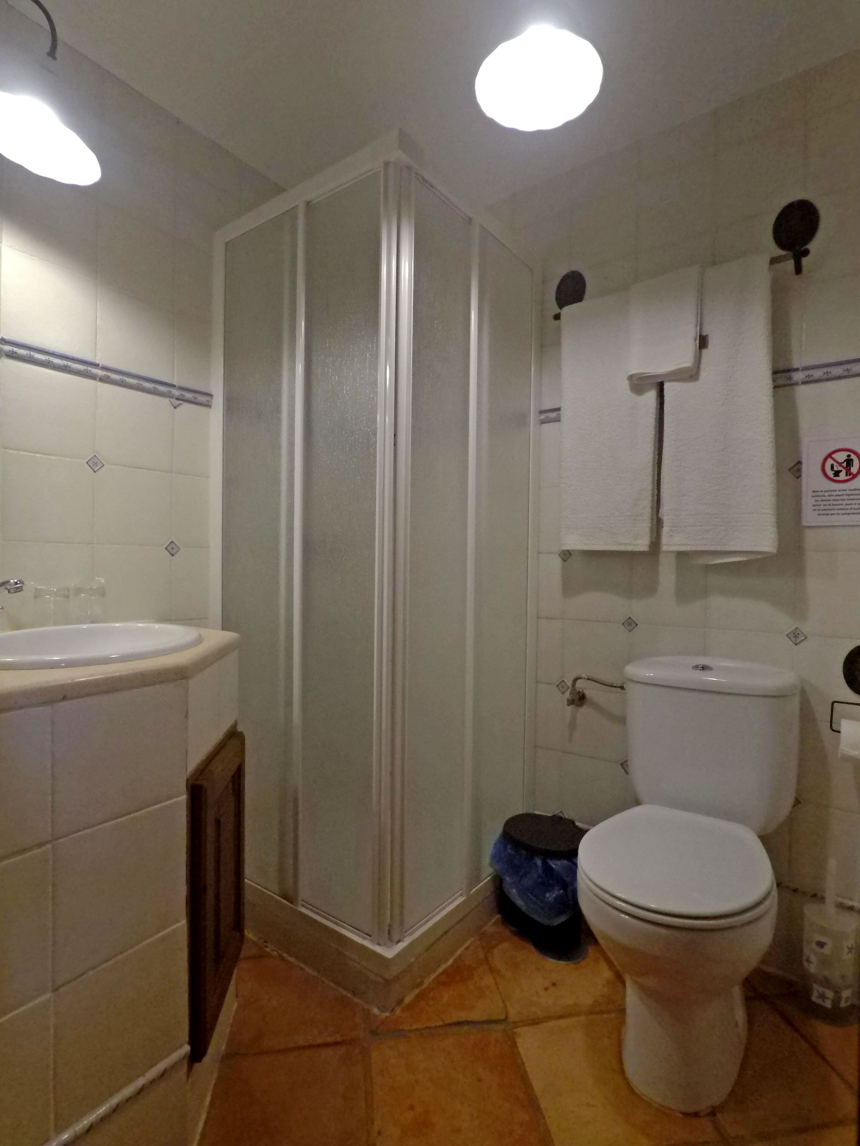 Une salle de bain comprenant un espace douche, des toilettes, un lavabo et un porte-serviettes.