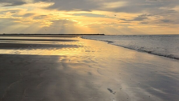 A beach with a wide sandy shore and a calm sea.