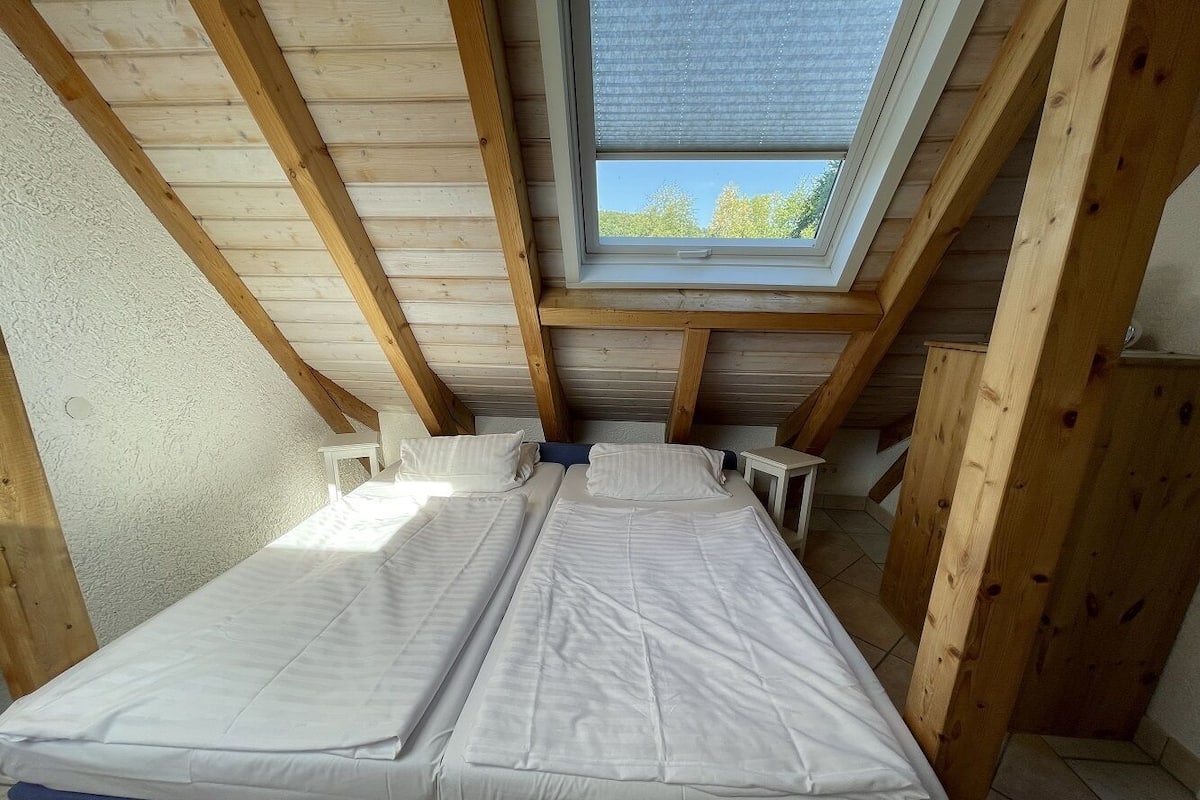 A bedroom with two beds, a skylight, and wooden beams.