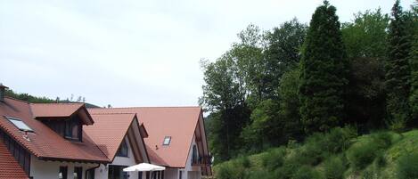 A traditional chalet with a sloped roof, a patio area with outdoor seating, and a well-maintained garden.
