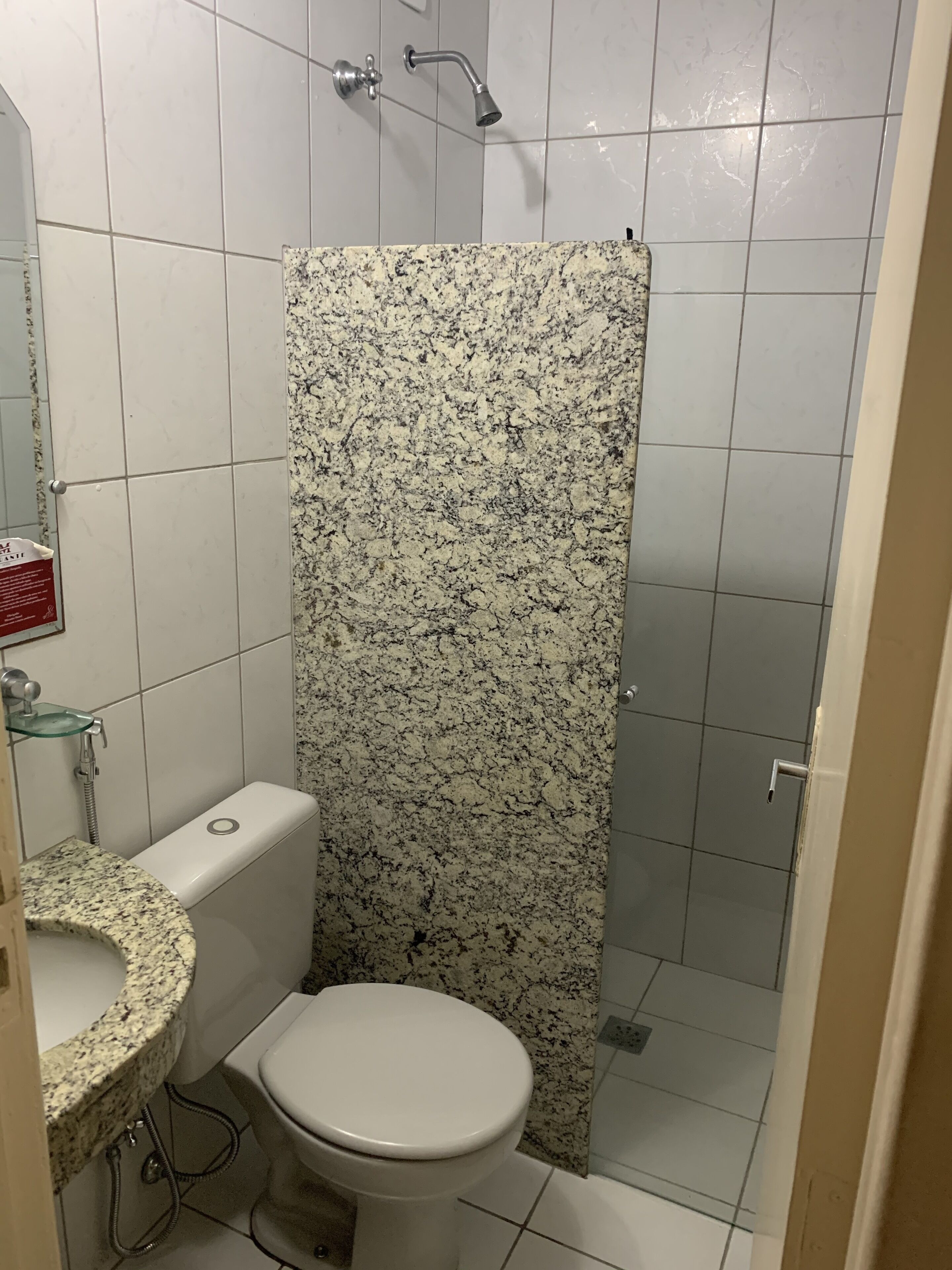 A bathroom with a toilet, sink, and shower.