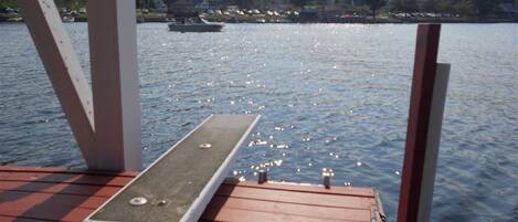 A wooden dock extending over a calm lake with a boat in the distance.