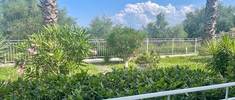 A garden with various plants and a white fence.