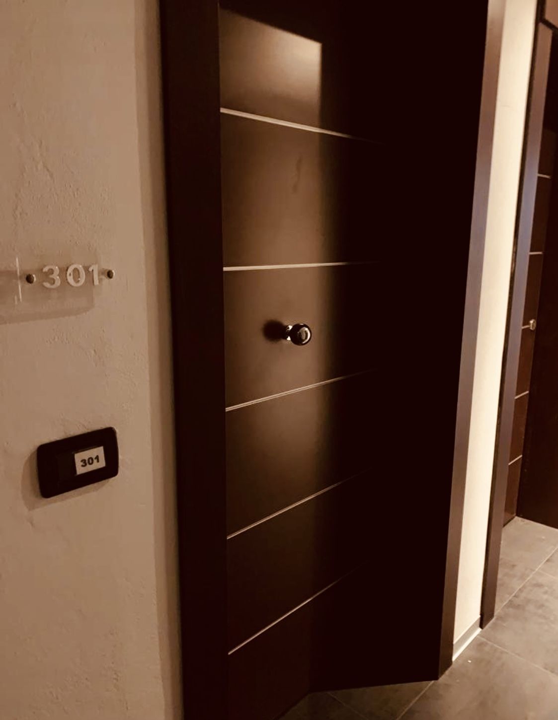 A modern door with a number plate indicating room 301.