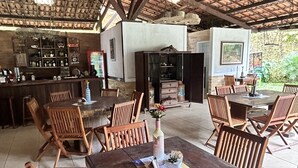 Een terras met houten tafels en stoelen, een bar met planken, en een ruime open ruimte met een open haard.