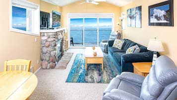 Télévision, cheminée, livres, espaces bureaux