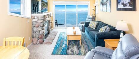 TV, fireplace, books, offices