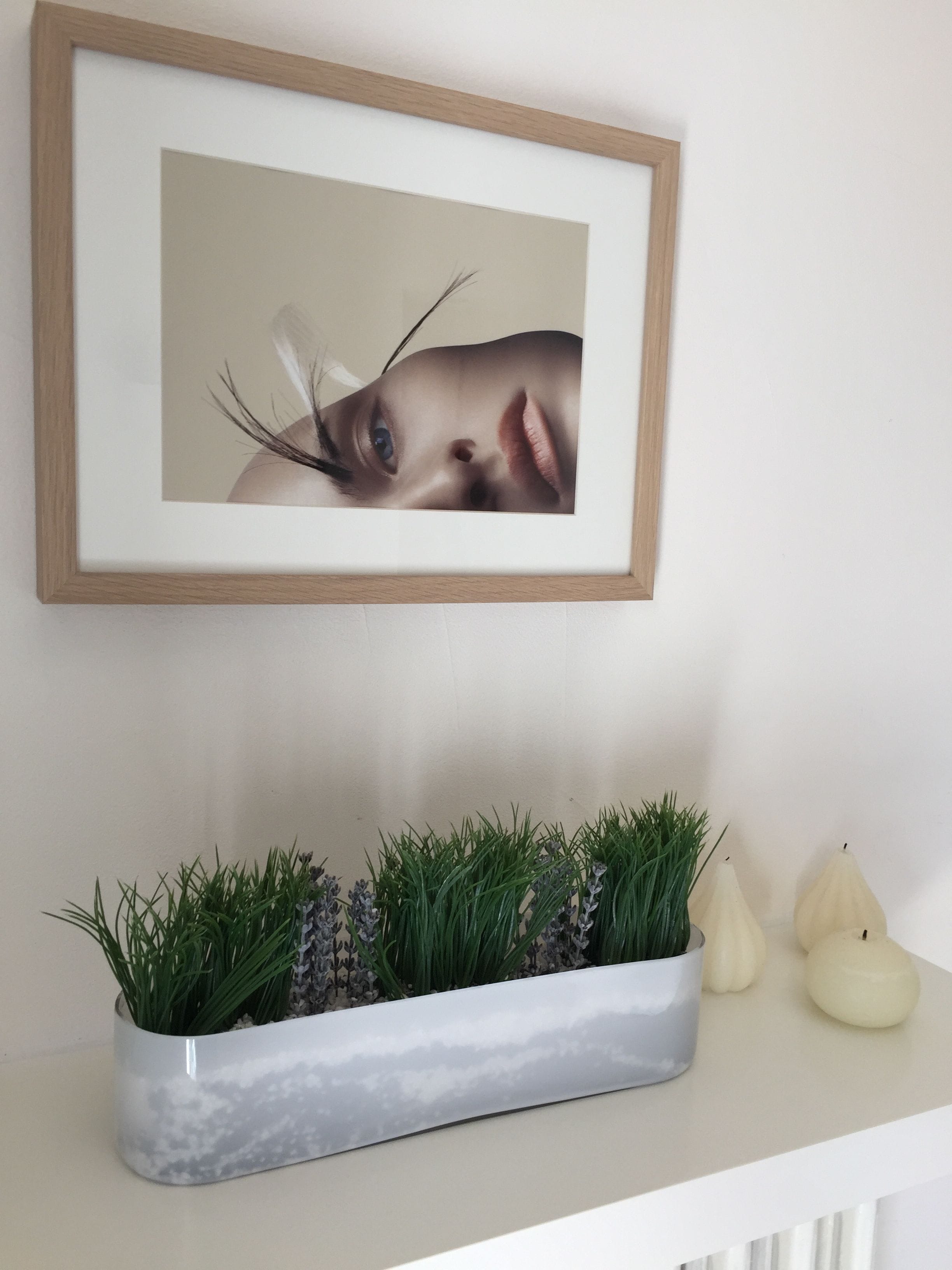 A framed photograph on a wall, a white shelf with a plant and two white pumpkins below it.