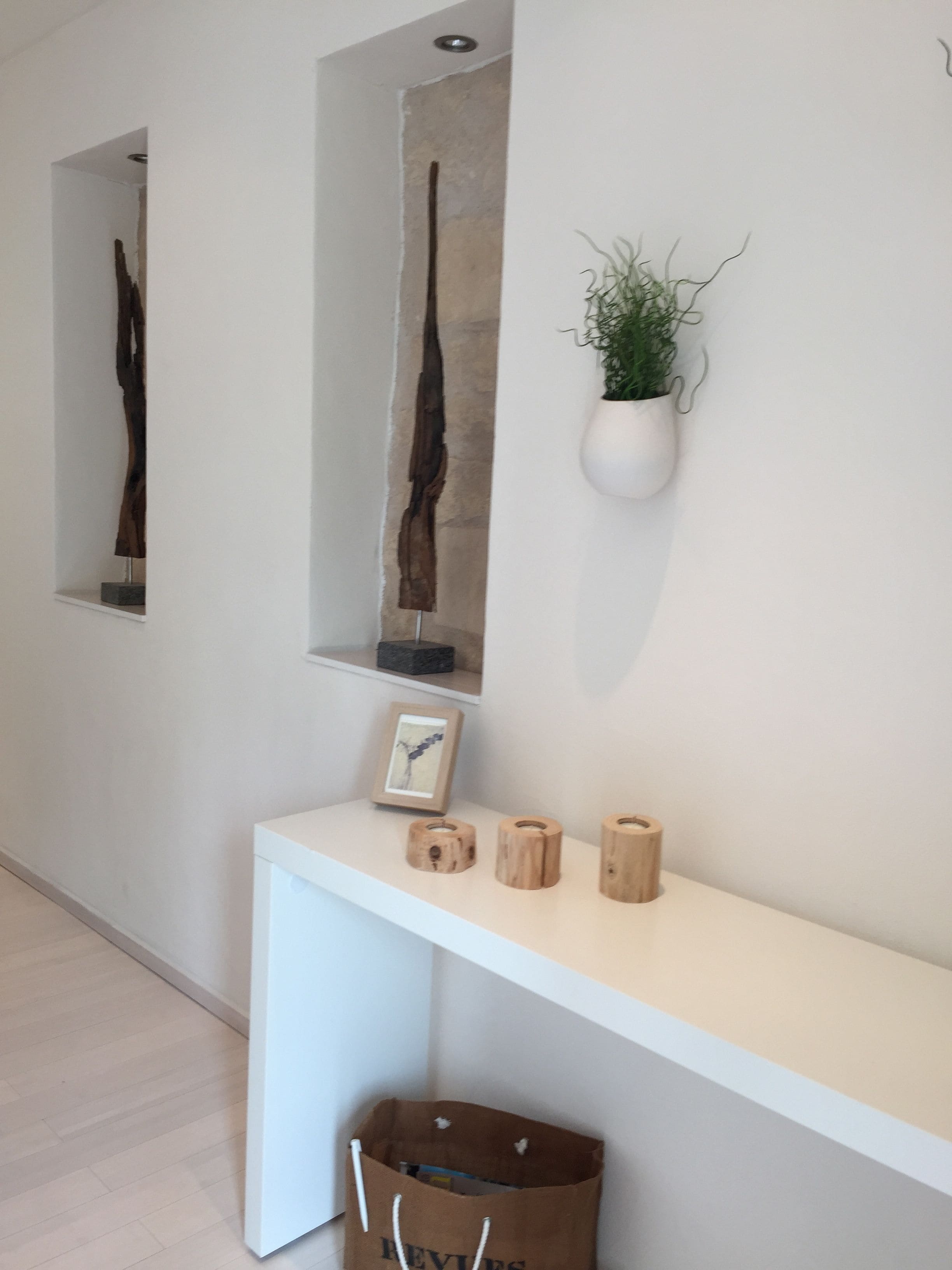A hallway with a white console table displaying a framed picture, three wooden coasters, and a hanging plant.