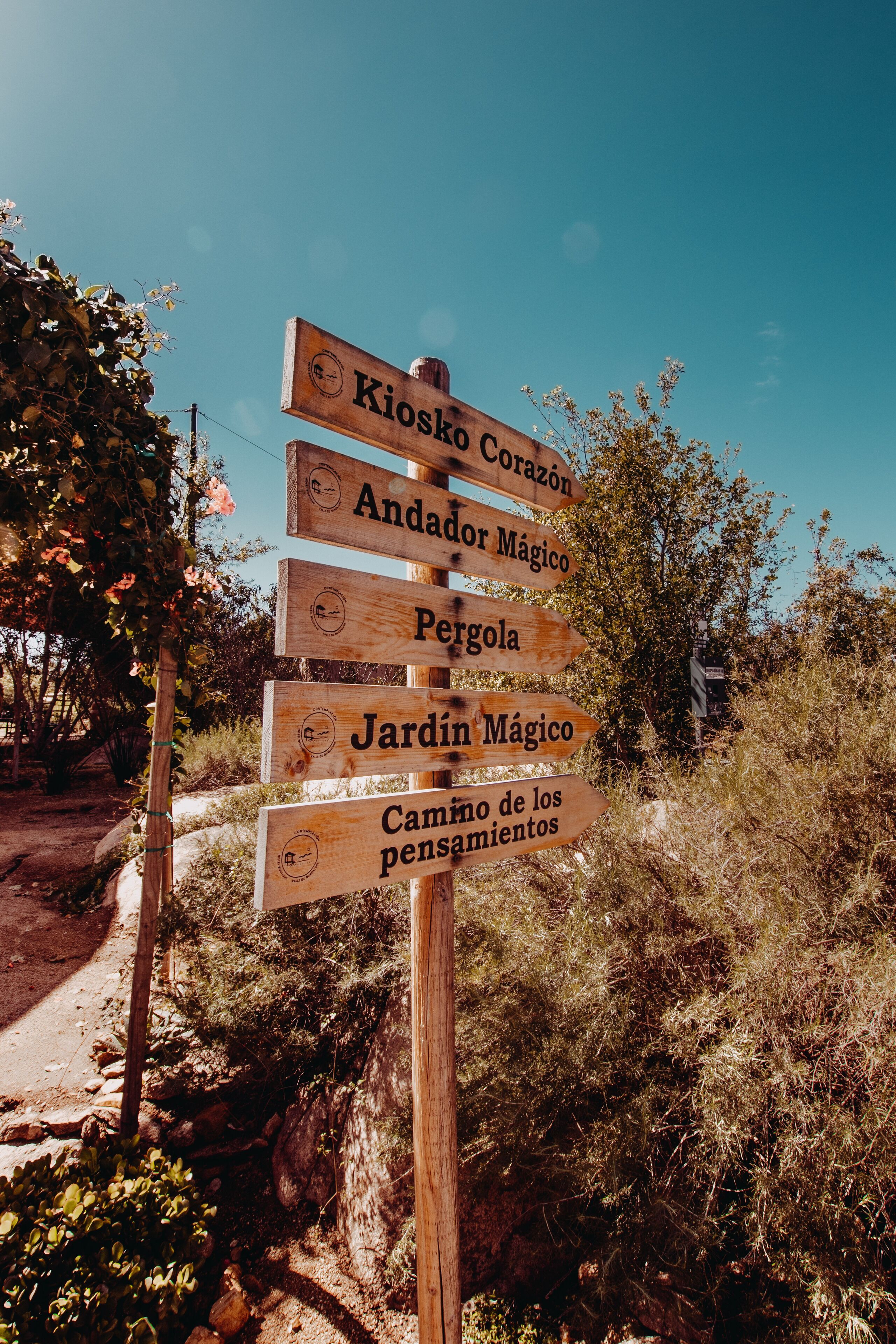 A wooden signpost with multiple directional signs.