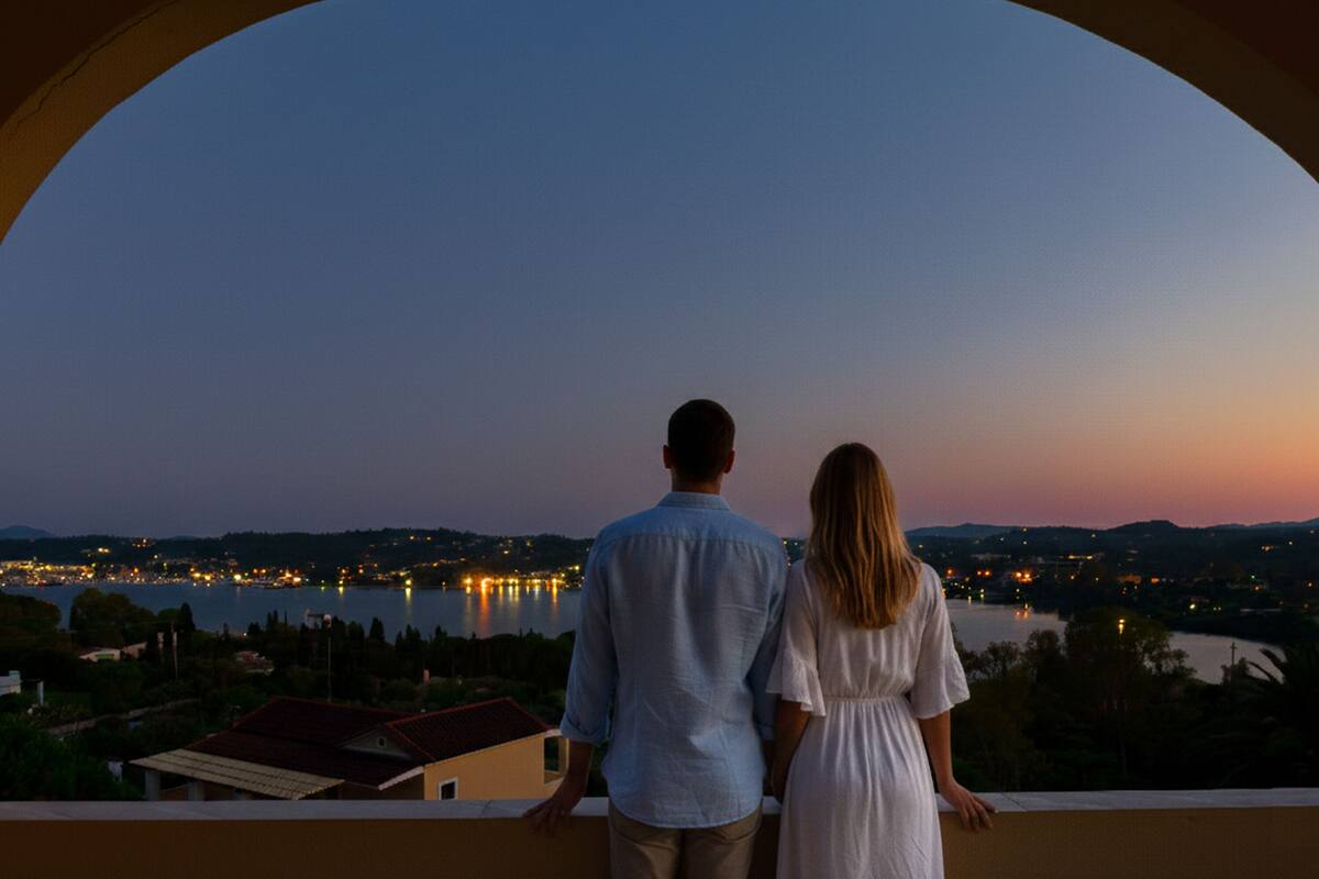 Una pareja parada en un balcón con vistas a un paisaje urbano al anochecer.
