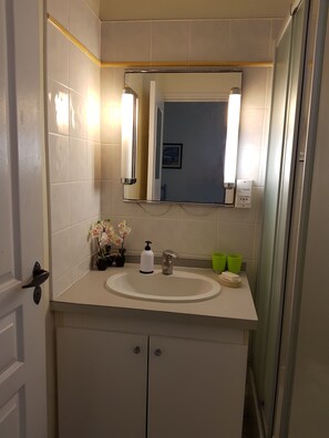 Shower, eco-friendly toiletries, hair dryer, towels