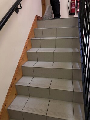 A staircase with a wooden handrail and beige steps.