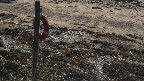 Uma praia com boia salva-vidas, costa rochosa e água calma refletindo o céu.