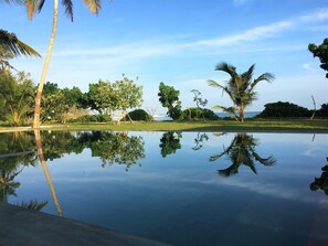 Outdoor pool, pool umbrellas, pool loungers