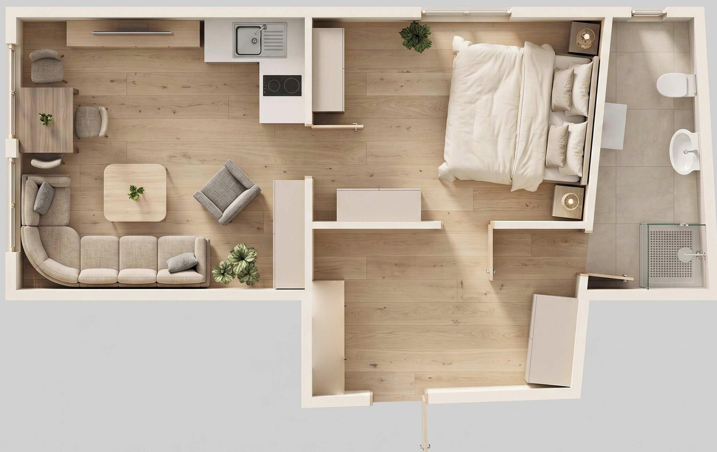 Ein modernes Hotelzimmer mit einer Couch, einem kleinen Tisch, einem Bett, einem Schreibtisch, einem Stuhl und einem Badezimmer.