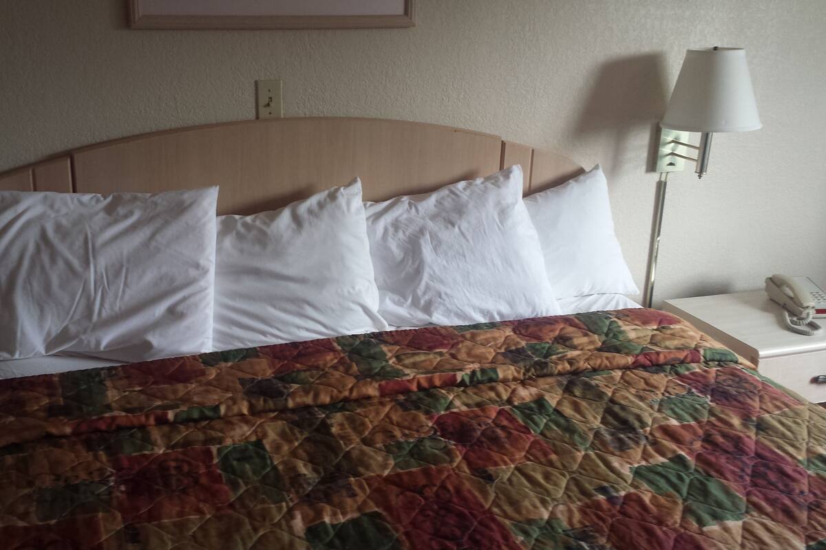 A hotel room with a bed, white pillows, a colorful quilt, a bedside lamp, and a phone on the nightstand.