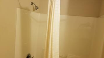 A shower with a glass door, a showerhead, and a curtain rod.