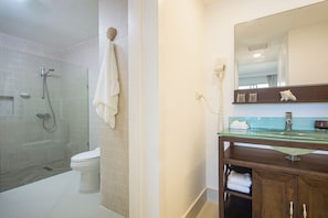A bathroom with a glass shower enclosure, a toilet, a vanity with a glass top, and a mirror. - Seawinds Cabarete Beachfront Penthouse, Stunning Balcony Views, Sleeps 6 (Cabarete)