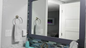 Hair dryer, towels, soap, shampoo