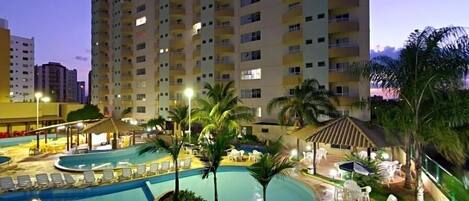 6 indoor pools, open 7:30 AM to 11:30 PM, pool loungers