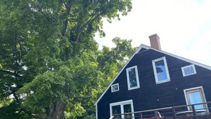A dark wooden house with a porch, a staircase, and a blue outdoor seating area.