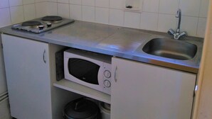 A compact kitchen with a sink, a microwave, and a stove.