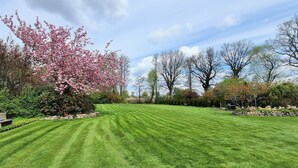 Un prato curato con un cordolo in pietra, un tavolo da picnic e diversi alberi, tra cui un albero da fiore particolarmente evidente.