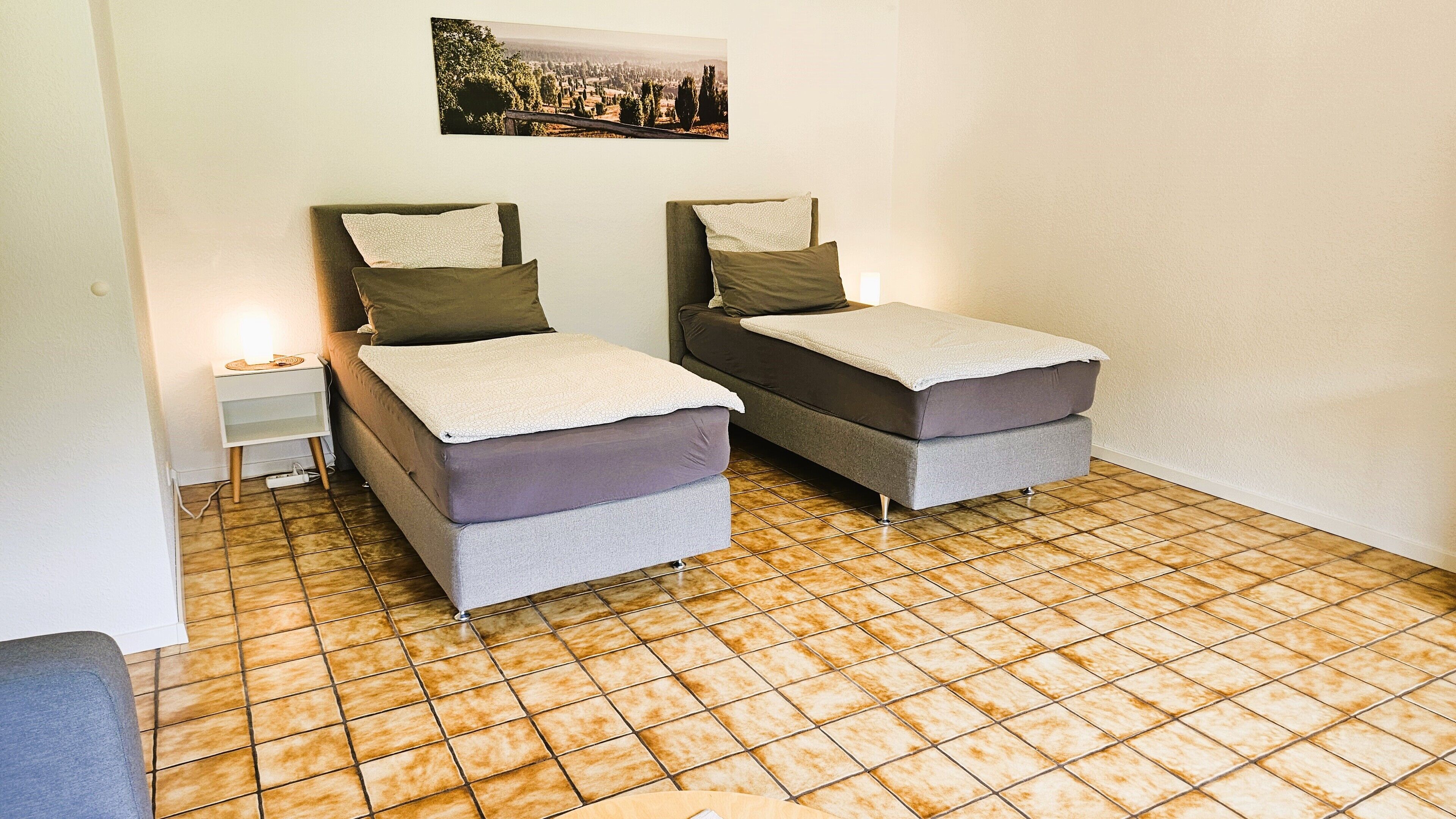 A small, clean room with two single beds, a nightstand, and a wall-mounted picture.