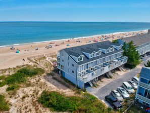 On the beach, sun loungers