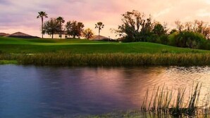 Un parcours de golf avec un étang, des palmiers et un club-house en arrière-plan.