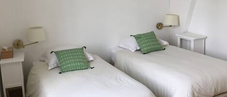 A room with two beds, a nightstand with a lamp, and a small shelf with a plant.