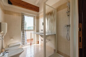 Shower, hair dryer, bidet, towels