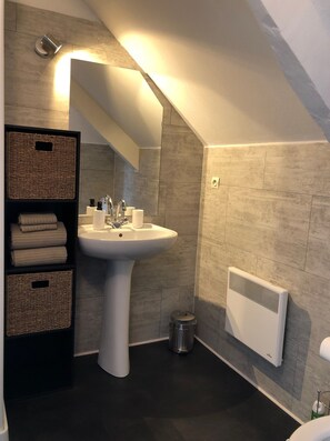 Shower, hair dryer, towels