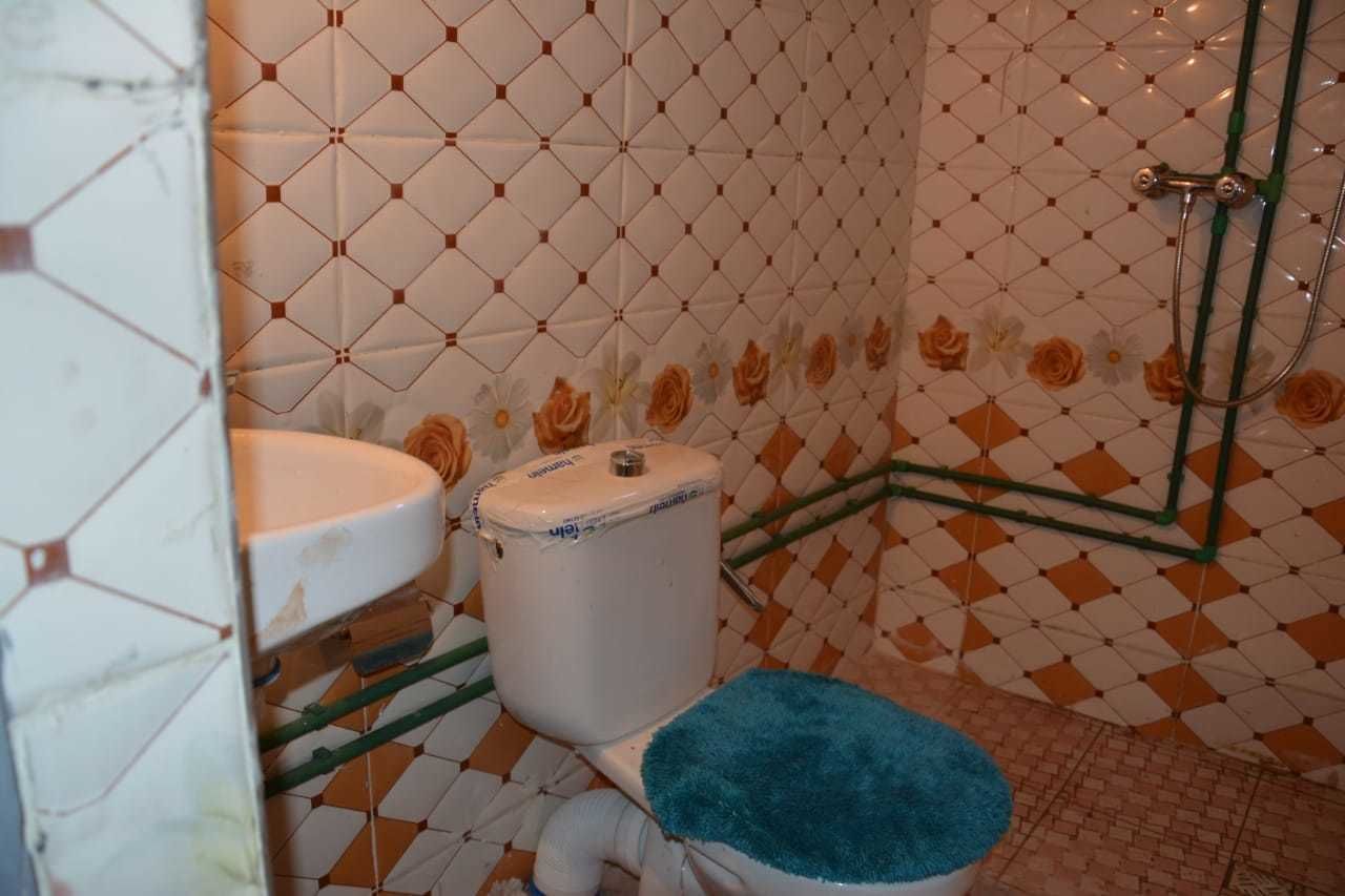 Ett badrum med en toalett, en blå badrumsmatta och en dusch med gröna rör.