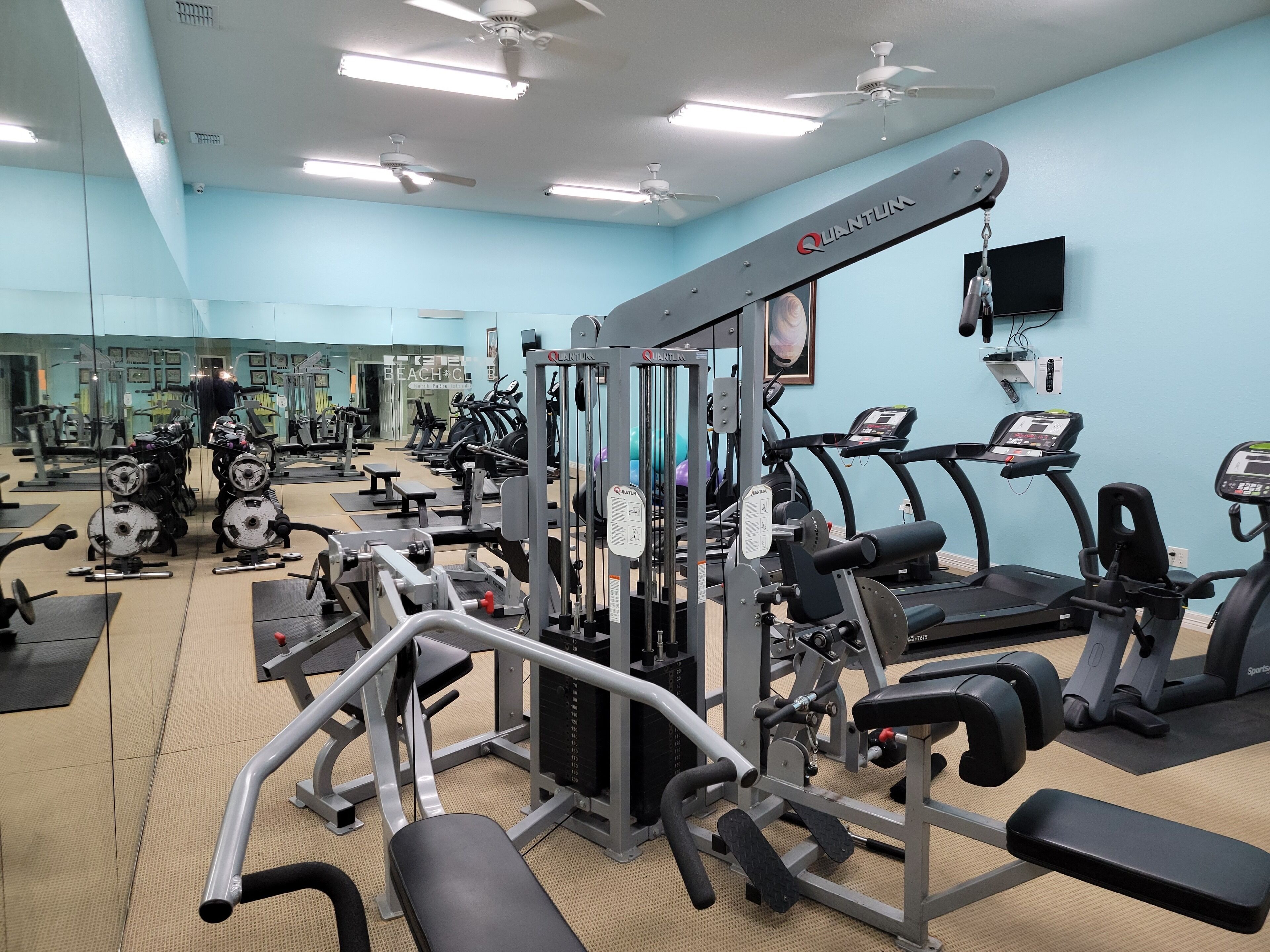 Une salle de sport équipée de divers appareils d’exercice, notamment des tapis de course et des appareils de musculation, et dotée d’un mur recouvert de miroirs.