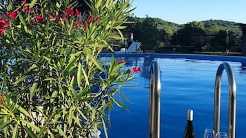 Seasonal outdoor pool, pool umbrellas, pool loungers