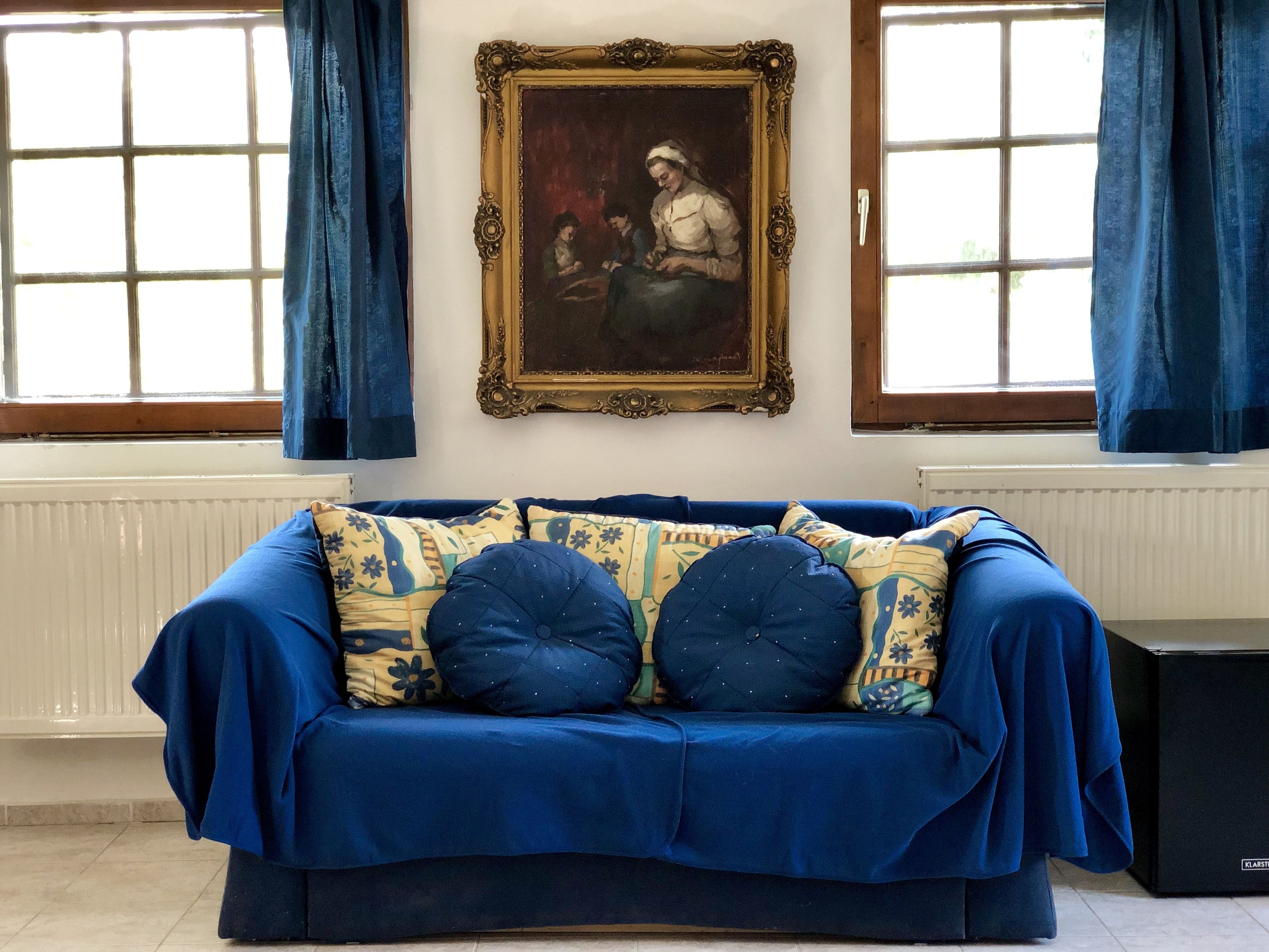 Ein Zimmer mit einem blauen Sofa, einem gerahmten Gemälde und einer Heizung.