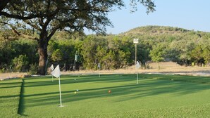 A golf course with a flagstick, putting green, and a backdrop of trees and hills.