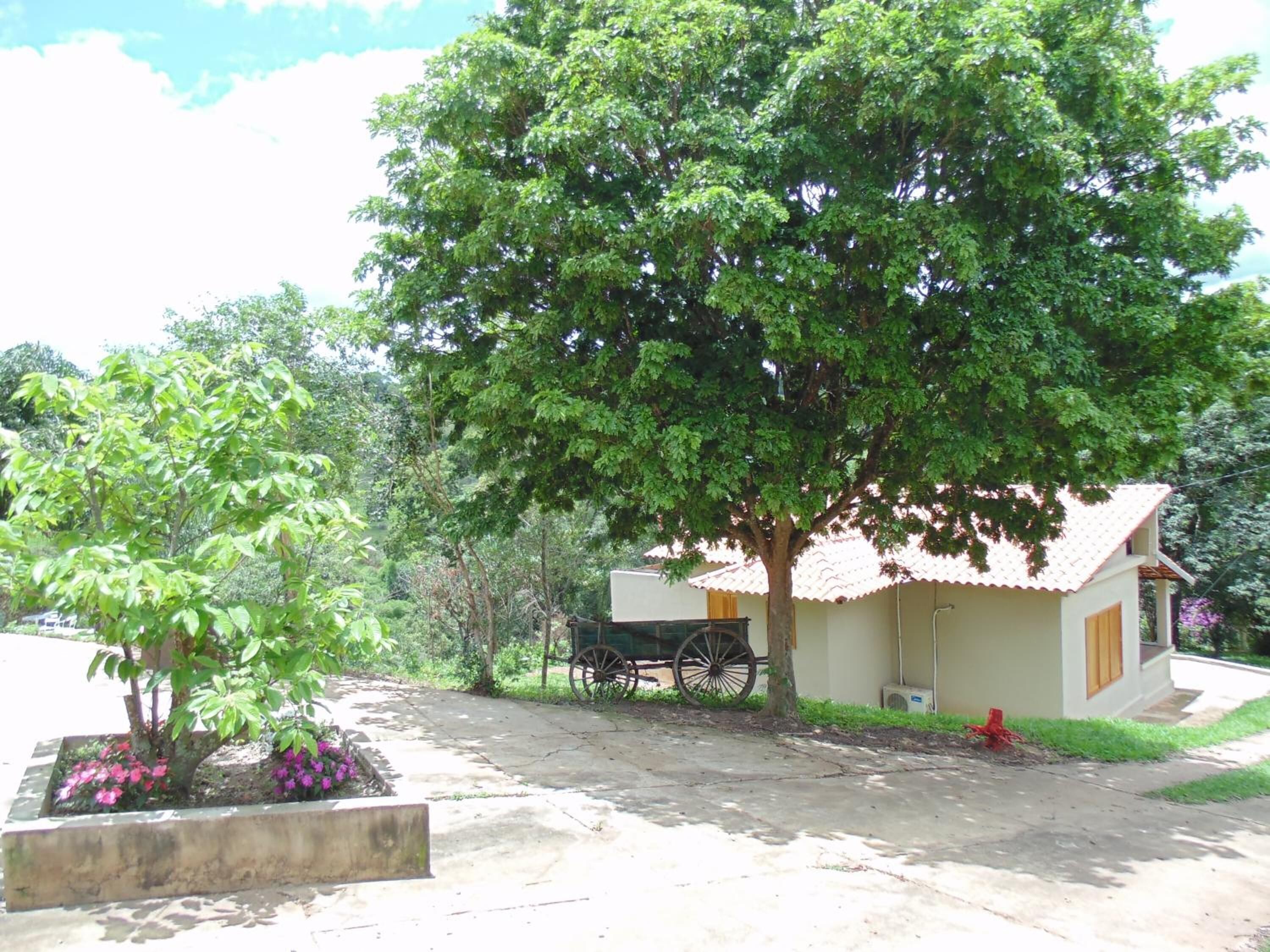 A house with a tiled roof, a garden with flowering plants, and a wooden cart.