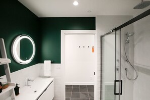 Shower, rainfall showerhead, hair dryer, bathrobes