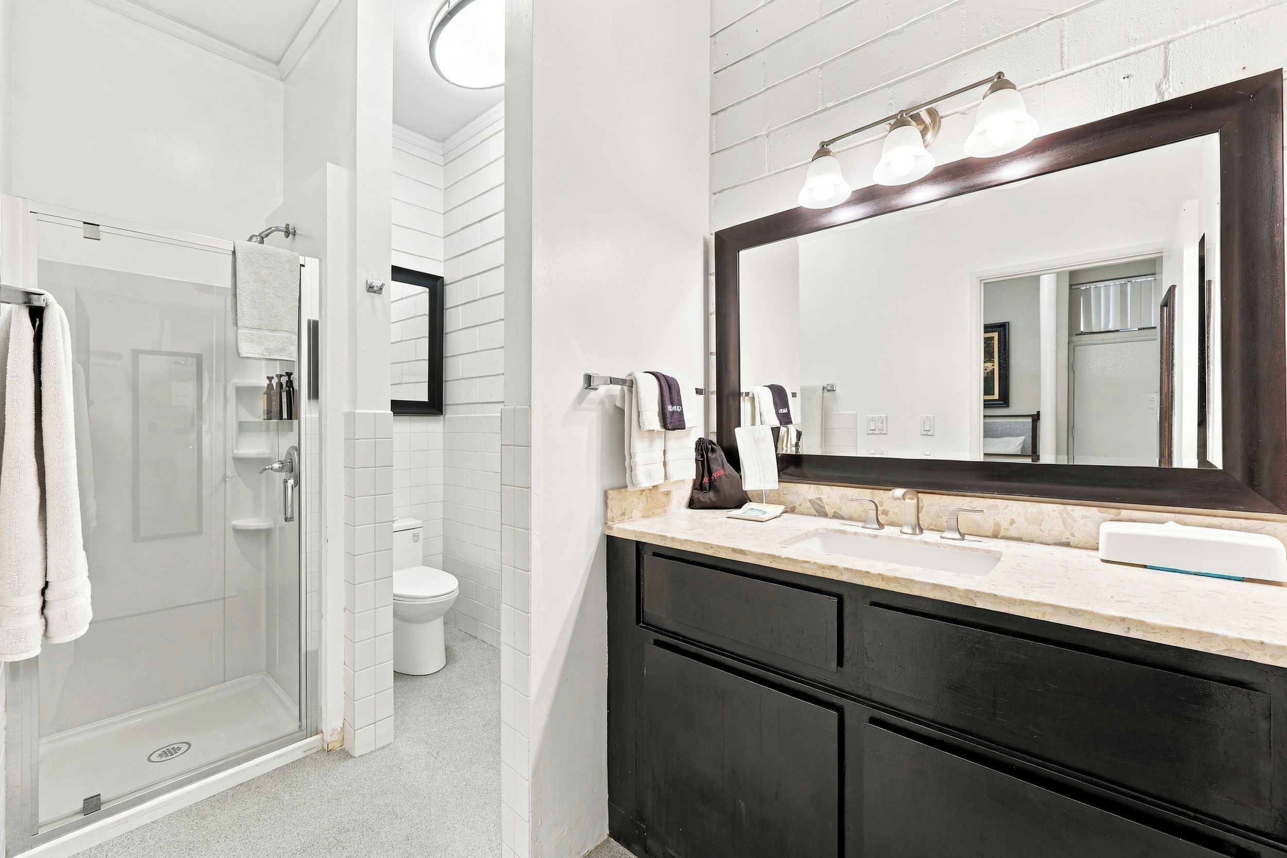 Une salle de bain avec une douche à parois de verre, des toilettes blanches, un meuble-lavabo avec un grand miroir et un évier.
