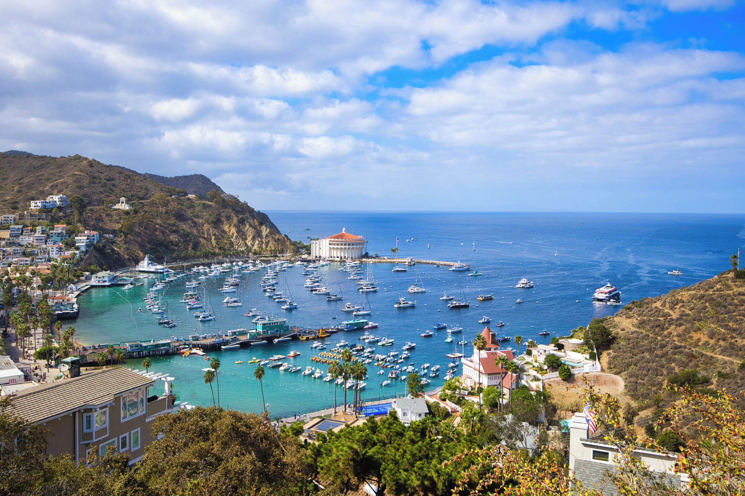A coastal town with a marina filled with boats, a prominent building with a dome, and residential buildings on a hillside.