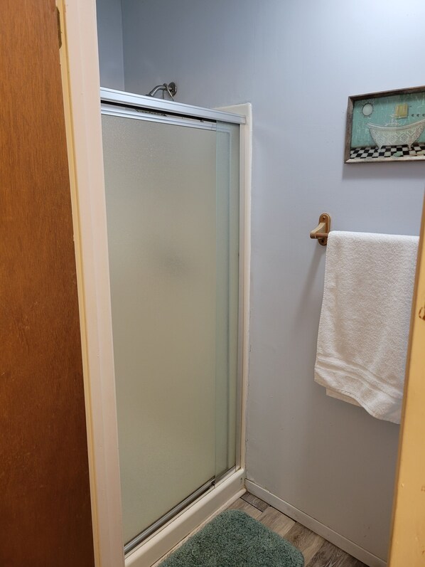Un baño con cabina de ducha de vidrio, una puerta de madera, una toalla blanca colgada en un perchero y un tapete pequeño en el suelo.