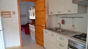 Una cucina con piano cottura a gas, lavello e pensili in legno.