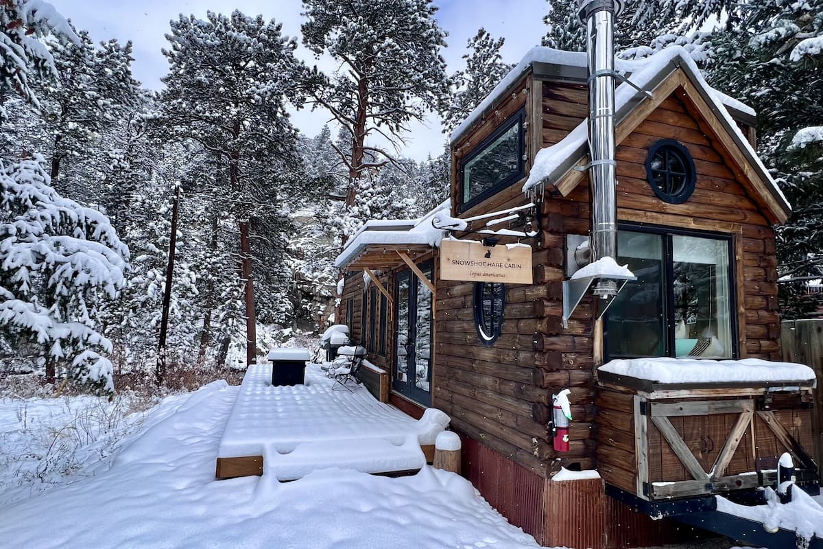 A snowshoe hare cabin with a wooden exterior, a glass door, and a sign indicating its name and species.